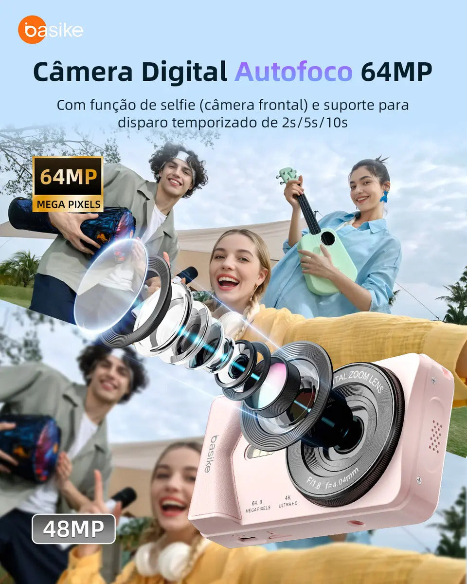 Basike Câmera Digital Portátil 4k Ultra Hd 64mp Máquina Fotográfica , 18X Zoom, Foco Automático e Função Webcam, Carregamento USB, Com Flash, Para Infantil,Iniciantes,Vlog - Imagem 2