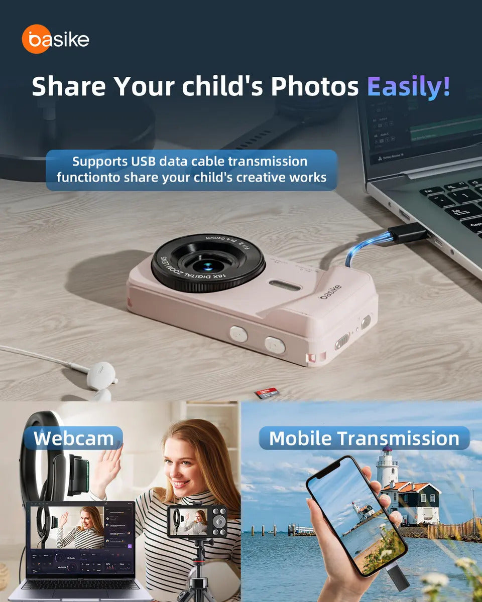 Basike Câmera Digital Portátil 4k Ultra Hd 64mp Máquina Fotográfica , 18X Zoom, Foco Automático e Função Webcam, Carregamento USB, Com Flash, Para Infantil,Iniciantes,Vlog - Imagem 3