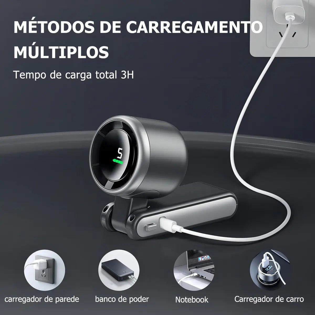 Ventilador Portátil Laicai® Usb Recarregável Cinza 12h Autonomia Bateria 4000mah - Imagem 3