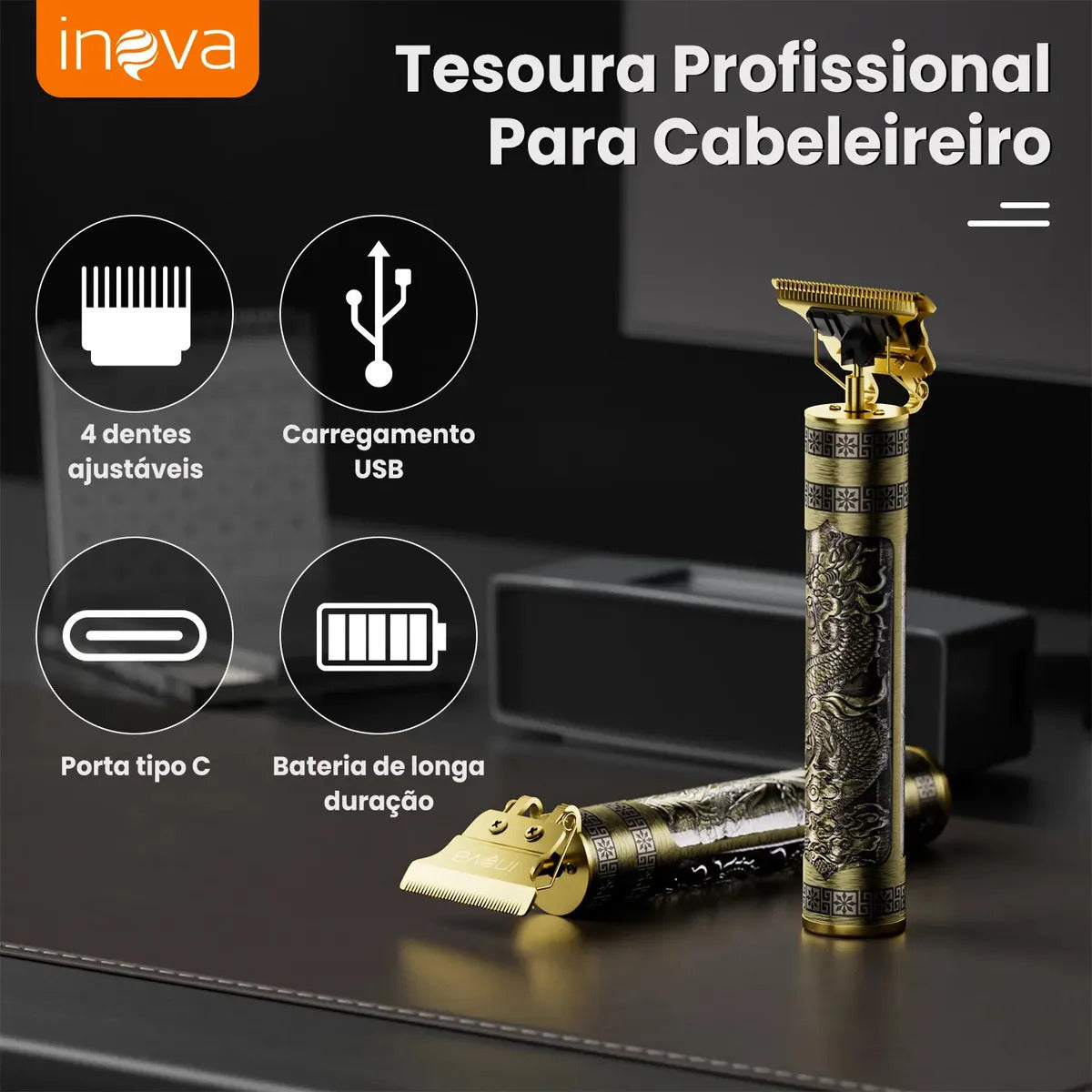 Máquina De Corte Profissional Sem Fio Para Cabelo e Barba Dourada - Imagem 2
