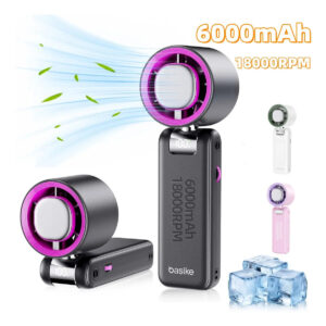 Basike Ventilador de mao Portátil Usb Com modo de resfriamento, 6000mAh Ventilador Portátil Recarregável, de pescoço e de compressão de gelo de alta potência de 100 níveis，18000RPM